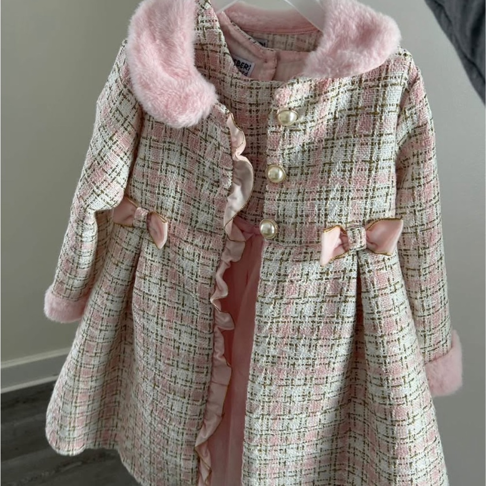 Toddler Blueberi Boulevard 2 pc Boucle Coat & Dress Set with Satin Bows